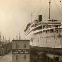 Image: S.S.Monarch of Bermuda, Furness-Bermuda Line, in dry dock at United Dry Docks, Morse Plant, Brooklyn, N.Y. no date, ca. 1932-1939.