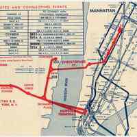 Map: Hudson & Manhattan R.R., Routes & Connecting Points. N.d., ca. 1955-1956; later typewritten annotations ca. 1956-1962.