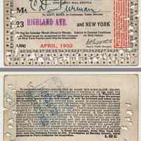 Ticket: D.L. & W. R.R. monthly commutation, 23 Highland Ave. to N.Y.; C.D. Furman, April 1932.