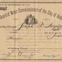 Plumber license for Joseph F. Horrigan, Hoboken, from Board of Water Commissioners, n.d., ca. 1890-1899.