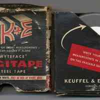 Tape measure: K&E Wyteface Rigitape, No. 7419, 16 ft.; retail display packaging. Made in Hoboken, n.d., ca. 1954-1962.