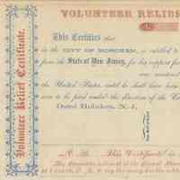 Volunteer Relief Certificate, Hoboken 1861. Printed sheet with 3 uncut, un-unnumbered blank forms.