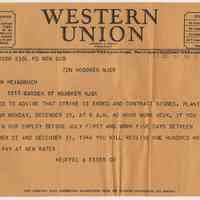 Telegram from K&E, Dec. 21, 1946 to employee Anita Heimbruch, 1217 Garden St., Hoboken, re end of strike & reopening date.