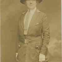 Sepia-tone photo portrait of Mrs. Frank K. Markey (Mary Henry Miller) in her American Red Cross volunteer summer uniform, N.Y. City, no date, ca. 1918