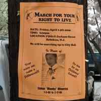 Color photo of poster on pole announcing march in honor of Ismar "Mooky" Mineros, murder victim, on April 14, Hoboken, April 12, 2006.