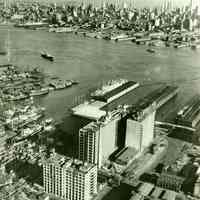 Digital image of black-and-white aerial photo of the north end of Hoboken looking northeast, Hoboken, no date, ca. 1945-51.