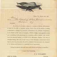 Letter, printed form:Jersey City organization to Board of Police Commissioners, Hoboken, March 20th, 1876, inviting Hoboken committee to Apr. 15 arrangements meeting for U.S. Centennial July 4th celebration.