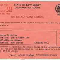 Ice Cream Plant License from the Dept. of Health, State of New Jersey to Lucia Principe, Yum Yum & Lemon Ice, 416 Clinton St., Hoboken, for 1959-1960.