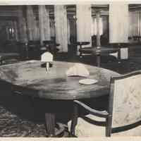 Sepia-tone photo of 1st class dining room of Leviathan while mothballed in Hoboken, ca. late 1930s- before 1938.