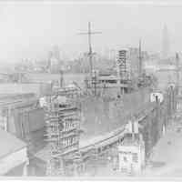 B+W photo of an unknown ship in dry dock, pier 3, Hoboken, no date, ca. 1940.