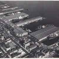 B+W aerial photo of Port Authority piers A, B & C, Hoboken, n.d., ca. 1956-1959.