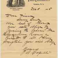 Note from Anthony Capelli, Commissioner, to "Friend" for bearer to use at St. Mary Hospital, Dec. 6, 1905.