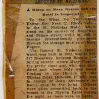 Digital image of newsclipping: Another St. Nicholas. A Mixup on Mary Rogers and the Hotel is Suspected. N.Y. Sun, July 15, 1929.