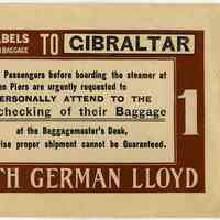 Envelope for tags & labels for First Cabin Baggage to Gibralter, North German Lloyd Line, Hoboken, n.d., ca. 1900-1910.