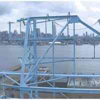 Color photo of top north end of back of Maxwell House Coffee sign support structure, building no. 2 looking down at storage silos, building no. 9 and pier 11, Hoboken, n.d. 2000.