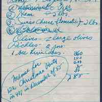 Digital image of holographic menu of foods, quantities and costs, for class 12 Christmas Party, Demarest High School, Hoboken, Dec., 1955.