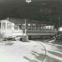 B+W photo of Public Service Railway streetcar/trolley 1691 on the turntable at the 14th St. Ferry Terminal, Hoboken, no date, ca. 1913.