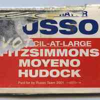 Button: [Re-elect] Mayor Russo; Council-at-Large Fitzsimmons, Moyeno, Hudock. Paid for by Russo Team 2001. (Hoboken, 2001).