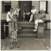 B+W photo of people on a stoop, Hoboken, no date, [1976].