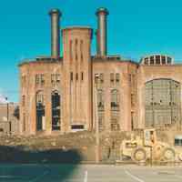 Digital image of color photo of the exterior of the former Hudson & Manhattan Rail Road powerhouse, Jersey City, March, 2000.