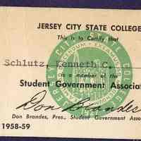 Digital image of a Jersey City State College Student Government Assn. membership card belonging to Kenneth Schultz of Hoboken, 1958-59.