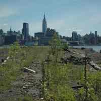 Color photos, 4, of views from Hoboken towards New York City with a crumbling pier, August 12, 2006.