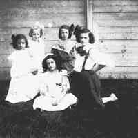 B+W 4" x 5" glass plate negative image of Florence and Madeline Miller plus 3 other girls in the backyard of 716 Bloomfield St., Hoboken, no date, ca.