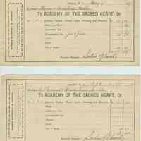 Six receipts from the Academy of the Sacred Heart for paid tuition of Misses Florence and Madeline Miller, Hoboken, 1907-1909.