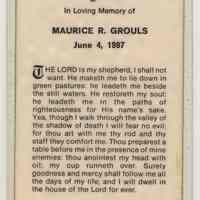 Mourning card from funeral of Maurice R. Grouls, Hoboken, June 4, 1987,