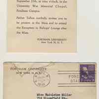 Invitation received by Madeline Miller, Hoboken, for Mass of Thanksgiving...Rev. William T. Tallon, Fordham Campus, Sept. 12, 1948.