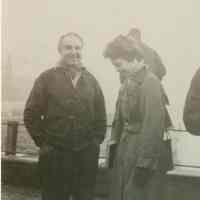 B+W candid photo of "On the Waterfront" filming in Hoboken: unidentified man & woman, Hoboken, no date, ca. late 1953-early 1954.