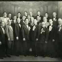 Sepia-tone photo of Society of Madonna Dei Martiri officers & committee members for Feast, Hoboken, n.d., late 1940s or early 1950s.
