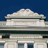 Color photo of relief-lettered sign on building: School No. 8; on The Citadel, Seventh St. between Adams & Jefferson Sts., Hoboken, Jan. 3 & 4, 2002.