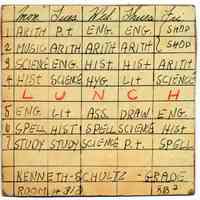 Digital images of a class schedule for grade 8B2 made by Kenneth Schultz, School No. 2, Hoboken, no date, ca. 1952.