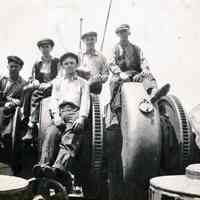 B+W photo of 5 workers at Tietjen & Lang Dry Dock Co., Hoboken, ca. 1916-1918.