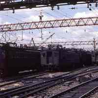 Color slides, 7, of Hoboken Terminal train yard and passenger shed, Hoboken, May, 1983.