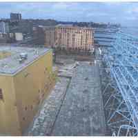 Color photo of back of Maxwell House Coffee sign support structure & rooftop, Hoboken, n.d., ca. 2000.