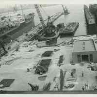          B+W photo of the construction of Pier 5 (formerly Pier 14) at the Bethlehem Steel Shipyard, Hoboken Division, Sept. 18, 1957. picture number 1
   