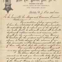 ALS to Mayor & City Council from Major Christian Woerner Post, No. 81, G.A.R., Hoboken, Oct. 20, 1884 re request for meeting rooms.