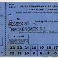 Ticket blank: Erie Lackawanna R.R Co., 23 trip monthly ticket between Essex St., Hackensack & Hoboken. N.d., ca. 1962-1968.