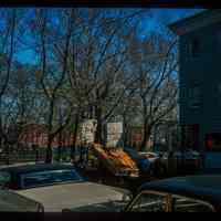          Color slide of eye-level view looking N of produce truck on the SE corner of Park and 4th, the Park Tavern at 343 Park and Church Square Park beyond picture number 1
   