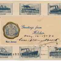 Postcard "Greetings from Hoboken, New Jersey" with gold-edge city seal on front, 1908.