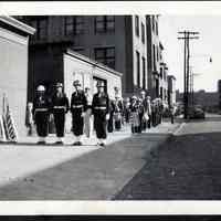 Digital image of b+w photo of Champion or St. Joseph Fife & Drum Corp posed on sidewalk, Hoboken, no date, May 30,1950?