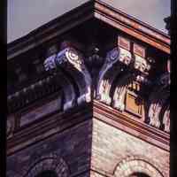          Color slide of detail view of cornice, brackets, frieze and brick semicircular arches at 163 Fourteenth Street on the SE corner with Garden picture number 1
   