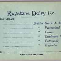 Order form pad for Keystone Dairy Co. (Hoboken) for home delivery; to be used by women, n.d., ca. 1916-1925.