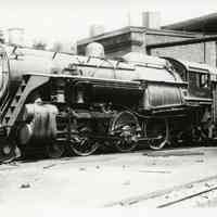 B+W photo of Lackawanna Railroad steam locomotive no. 1024 in Hoboken trainyard, Aug. 14, 1938.