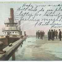 Postcard: [1905 Terminal fire.] Fire Boat, "Abram S. Hewitt" at Great Dock Fire, Hoboken, N.J. Postmarked May 9, 1908.