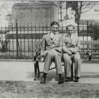 B+W copy photo of image of George Kirchgessner & Phillip Otting seated in Elysian Park, Hoboken, ca. 1934.