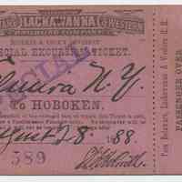 Ticket: D.L.& W. R.R. for passage from Elmira, N.Y. to Hoboken, August 28, 1888.