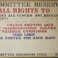 Rules sign from Hudson County Homing Pigeon Club, 358 Newark St., Hoboken, n.d., ca. 1980s-1990s.